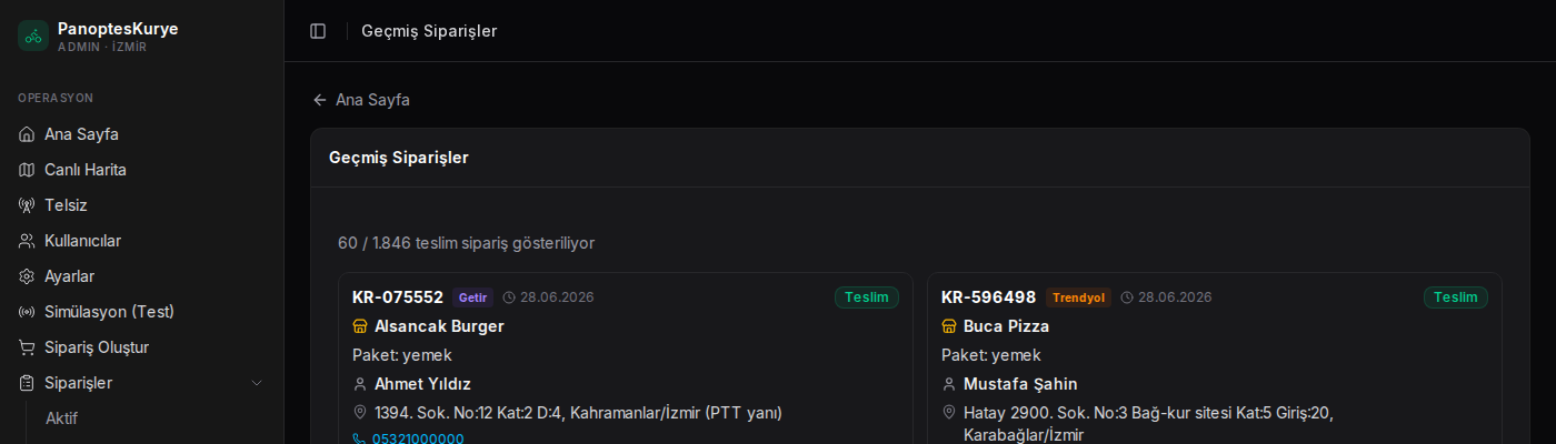 Geçmiş siparişler ekranı — teslim edilmiş paketlerin kanal, tarih ve adres dökümü