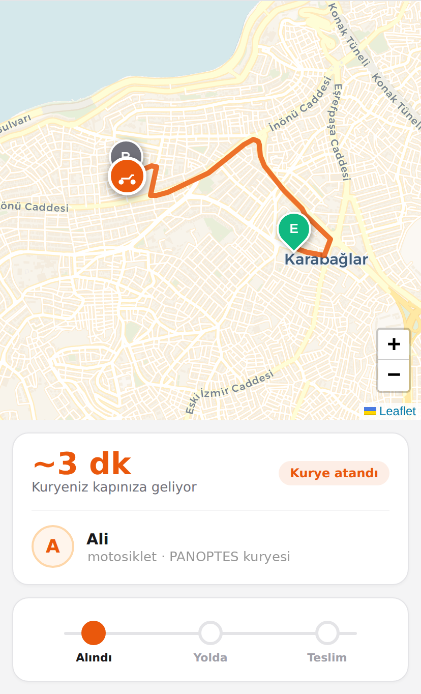 Müşteriye giden canlı takip ekranı — harita üzerinde kurye konumu, tahmini varış ve teslim aşamaları